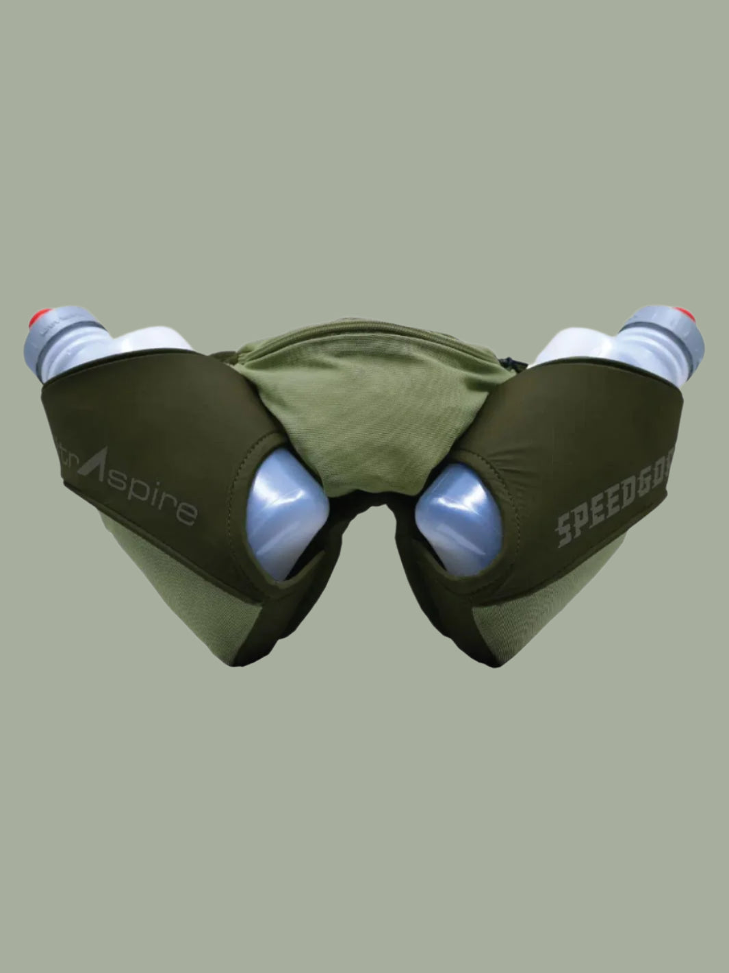 Green Speedgoat V4 hydration belt with water bottles on a white background
