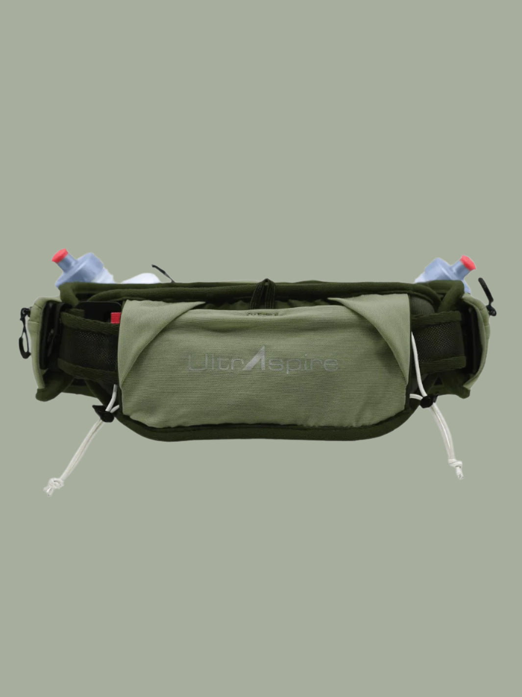 Green running belt with water bottles on a white background