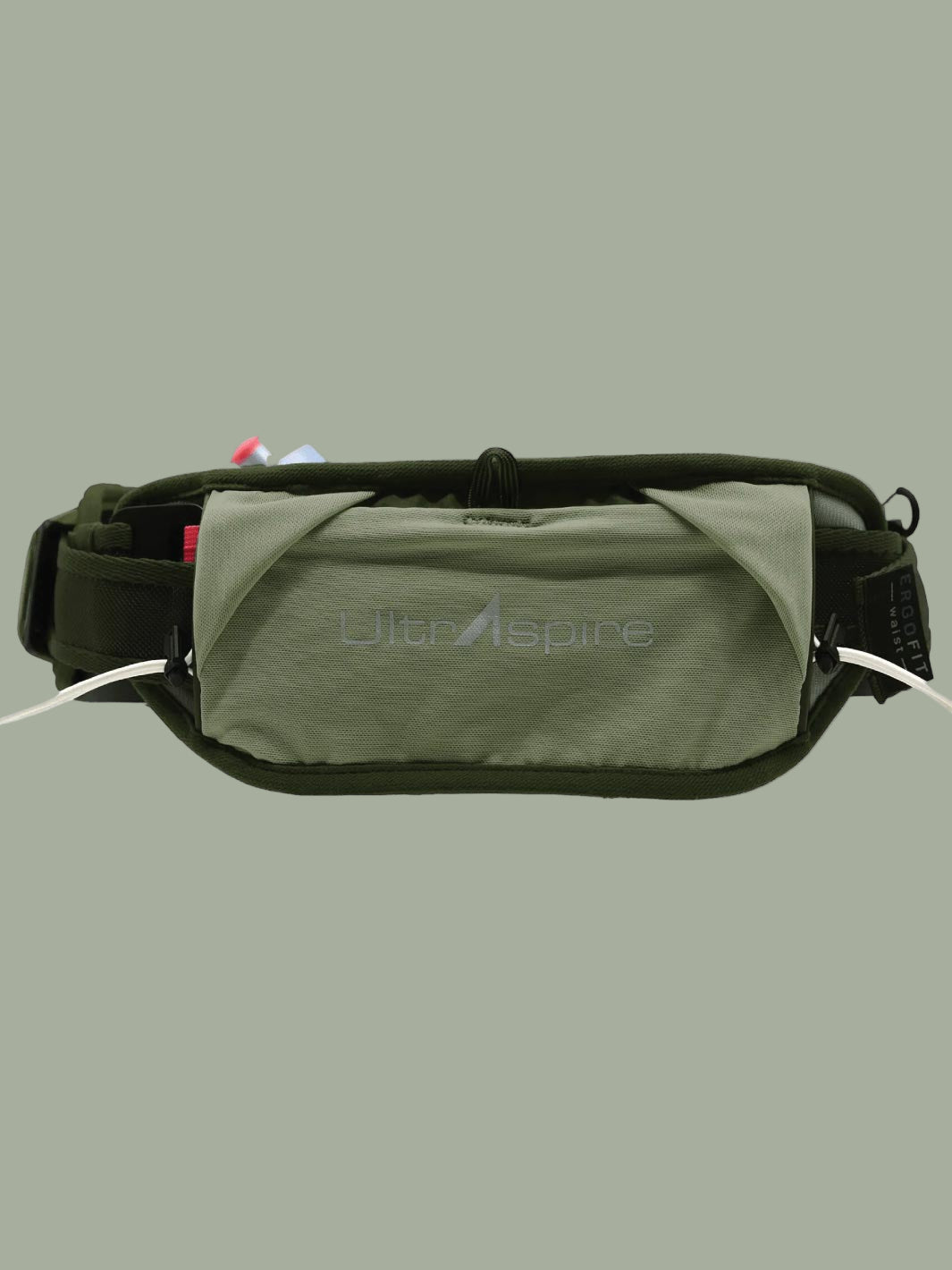 Green ultraspire synaptic v3 running waist bag with black strap on a green background