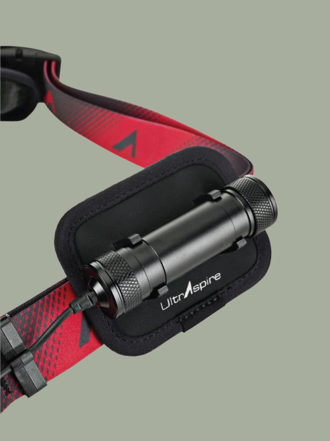 Headlamp with red and black strap on a white background