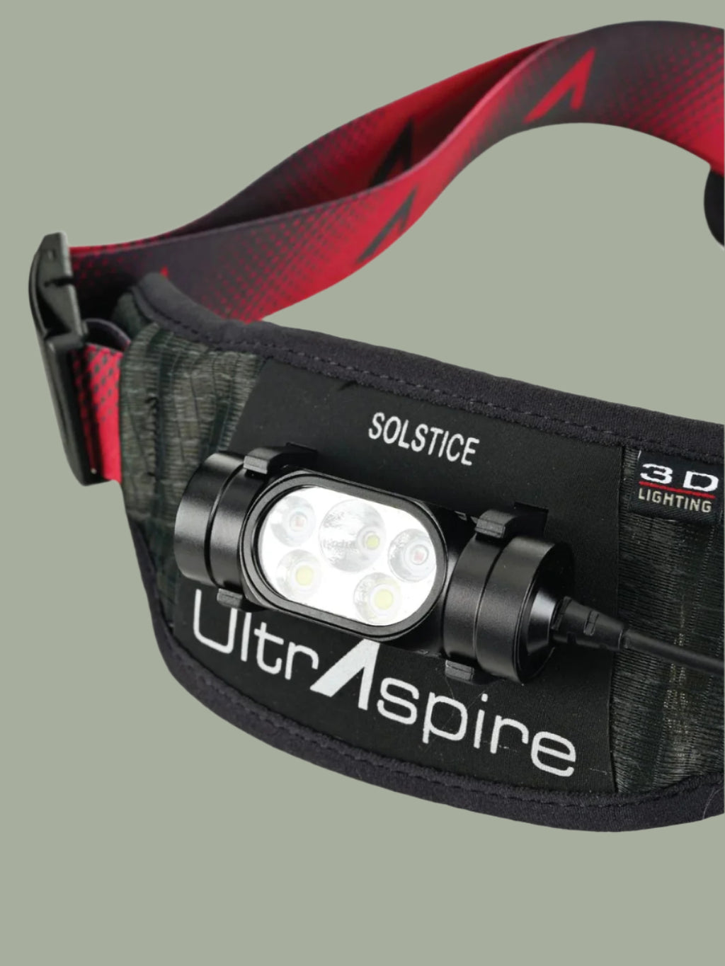 Ultraspire Solstice headlamp with red and black strap on a white background