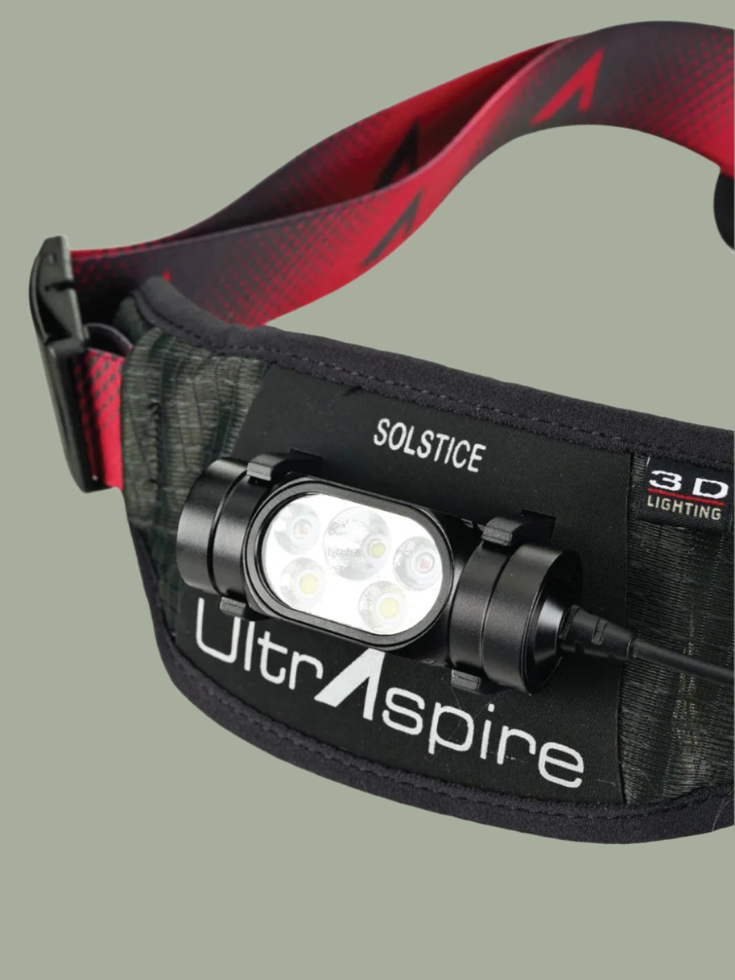 Ultraspire Solstice headlamp with red and black strap on a white background