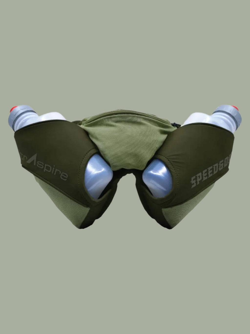 Green Speedgoat V4 hydration belt with water bottles on a white background