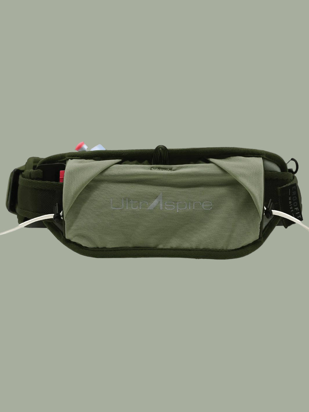 Green ultraspire synaptic v3 running waist bag with black strap on a green background